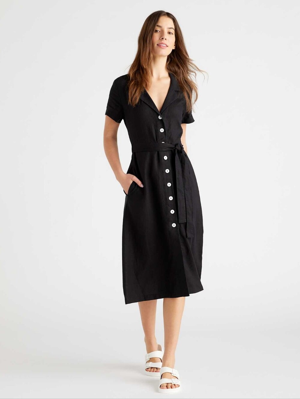 Quince 100% European Linen Button Front Midi Dress Black L